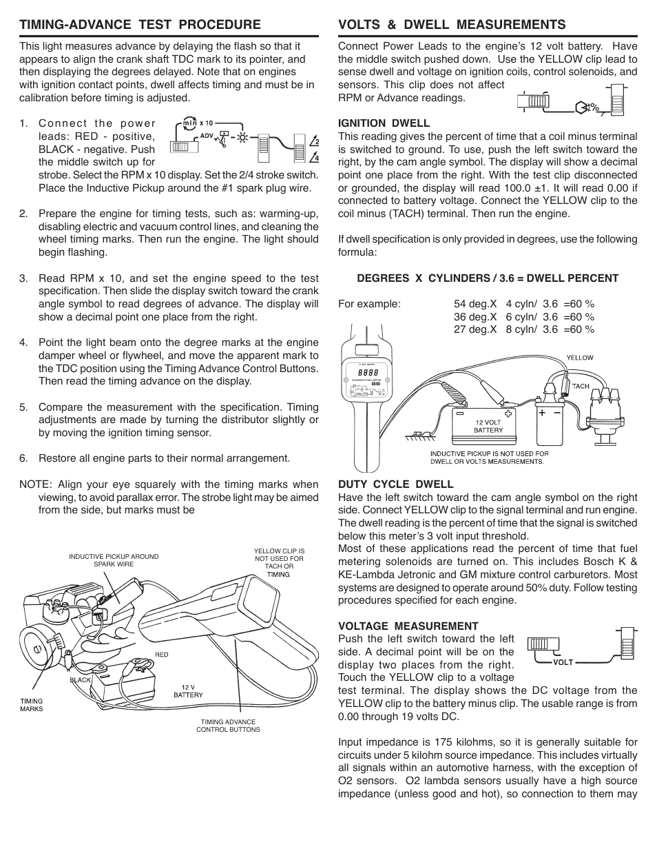 Timing-advance test procedure, Volts & dwell measurements | GxT V086-01, Ferret 86, Tach-Adv-Dwell-Volts Timing Light User Manual | Page 2 / 2