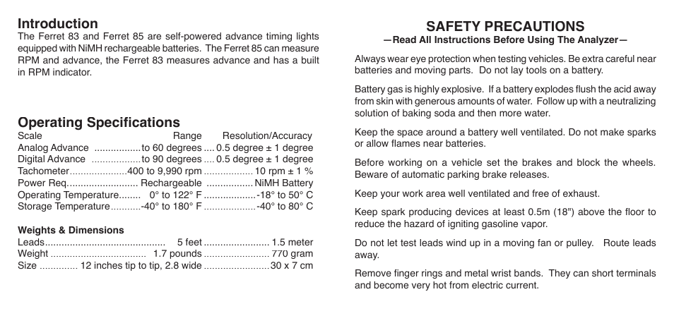 Introduction, Operating speciﬁ cations, Safety precautions | GxT V083-01, Ferret 83 Self-Powered Advance Timing Light User Manual | Page 2 / 6