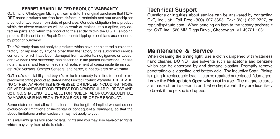 Technical support, Maintenance & service | GxT V083-01, Ferret 83 Self-Powered Advance Timing Light User Manual | Page 3 / 6