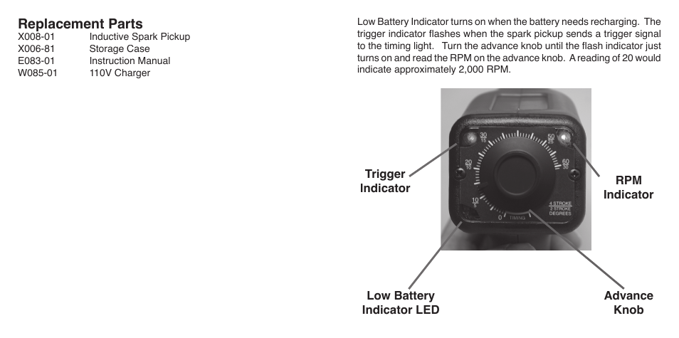 Replacement parts | GxT V083-01, Ferret 83 Self-Powered Advance Timing Light User Manual | Page 4 / 6