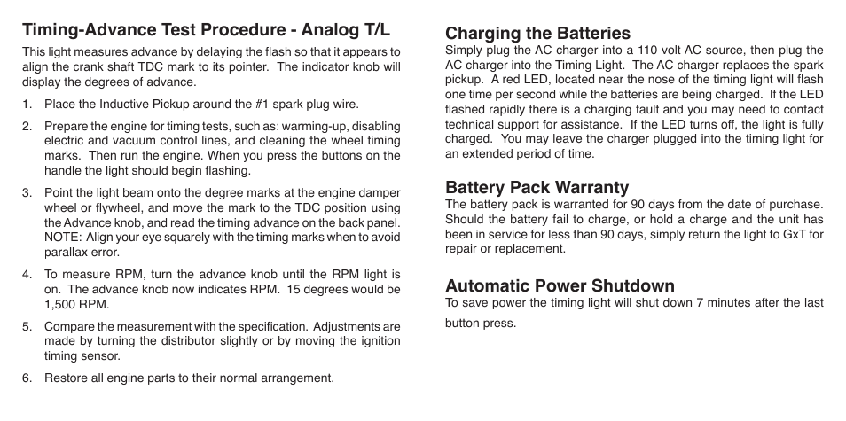 Timing-advance test procedure - analog t/l, Charging the batteries, Battery pack warranty | Automatic power shutdown | GxT V083-01, Ferret 83 Self-Powered Advance Timing Light User Manual | Page 5 / 6