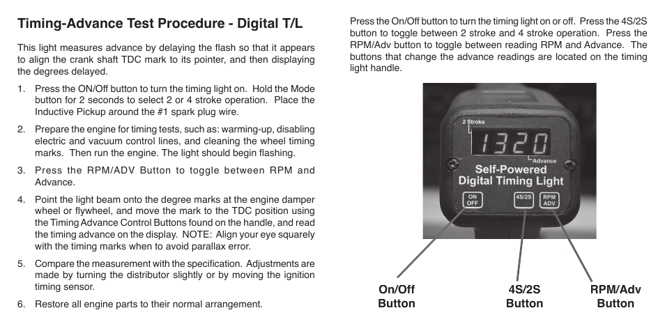 Timing-advance test procedure - digital t/l | GxT V083-01, Ferret 83 Self-Powered Advance Timing Light User Manual | Page 6 / 6