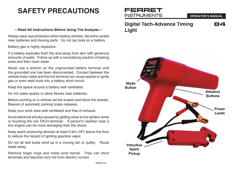 GxT V084-01, Ferret 84 Digital Timing Light User Manual | 2 pages