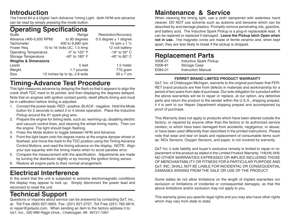 Introduction, Operating speciﬁ cations, Timing-advance test procedure | Electrical interference, Technical support, Maintenance & service, Replacement parts | GxT V084-01, Ferret 84 Digital Timing Light User Manual | Page 2 / 2