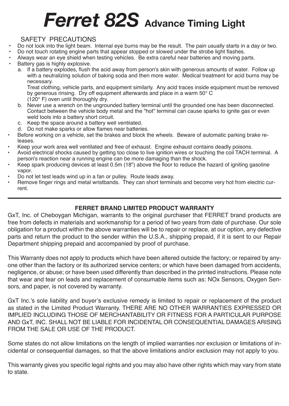Ferret 82s, Advance tim ing light | GxT V082-01, Ferret Advance Timing Light User Manual | Page 2 / 2