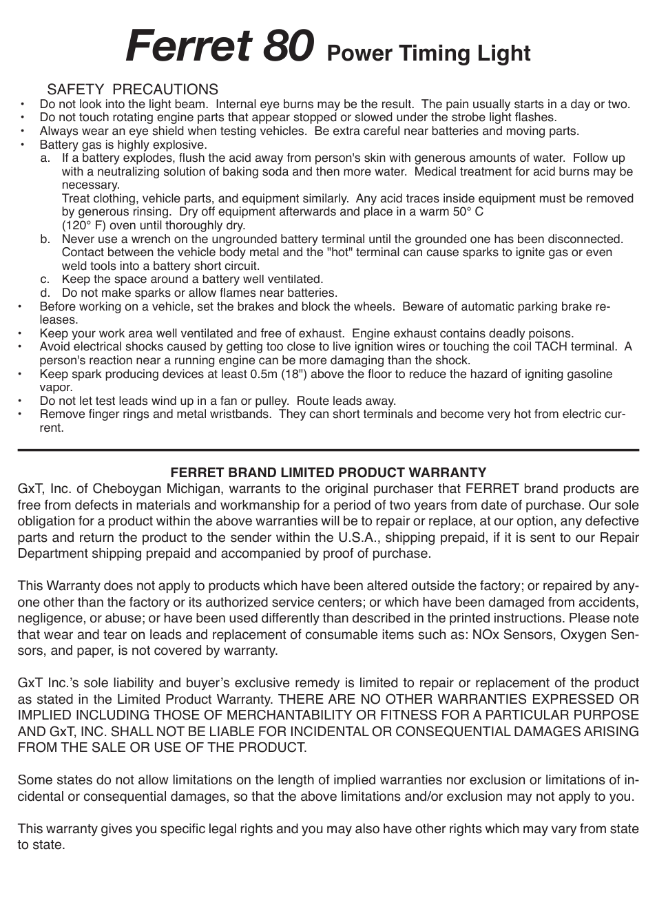 Ferret 80, Power timing light | GxT V080-01, 80S Power Timing Light User Manual | Page 2 / 2