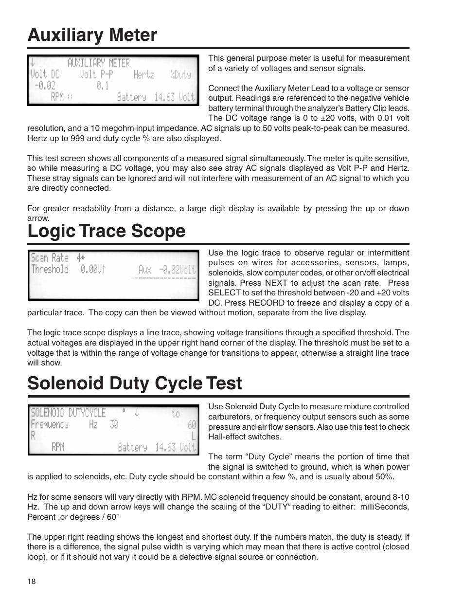 Auxiliary meter logic trace scope, Solenoid duty cycle test | GxT V055-01 Diagnostic Analyzer User Manual | Page 18 / 28