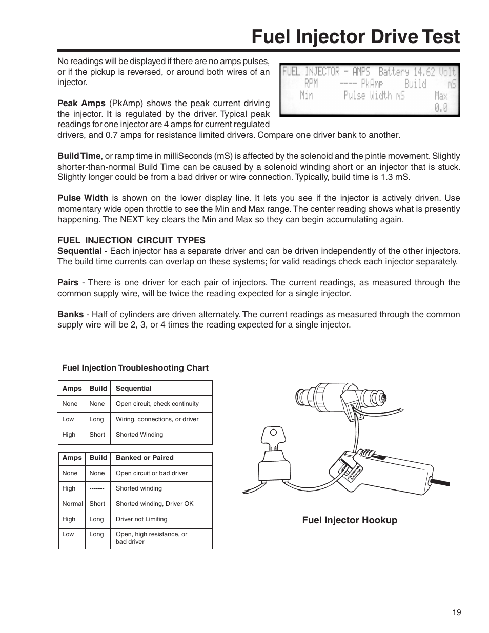 Fuel injector drive test, Fuel injector hookup | GxT V055-01 Diagnostic Analyzer User Manual | Page 19 / 28