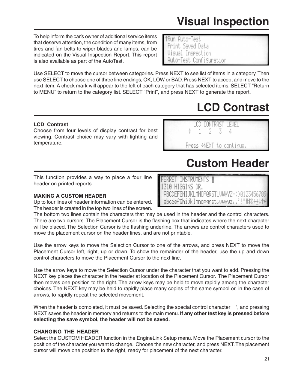 Lcd contrast custom header, Visual inspection | GxT V055-01 Diagnostic Analyzer User Manual | Page 21 / 28