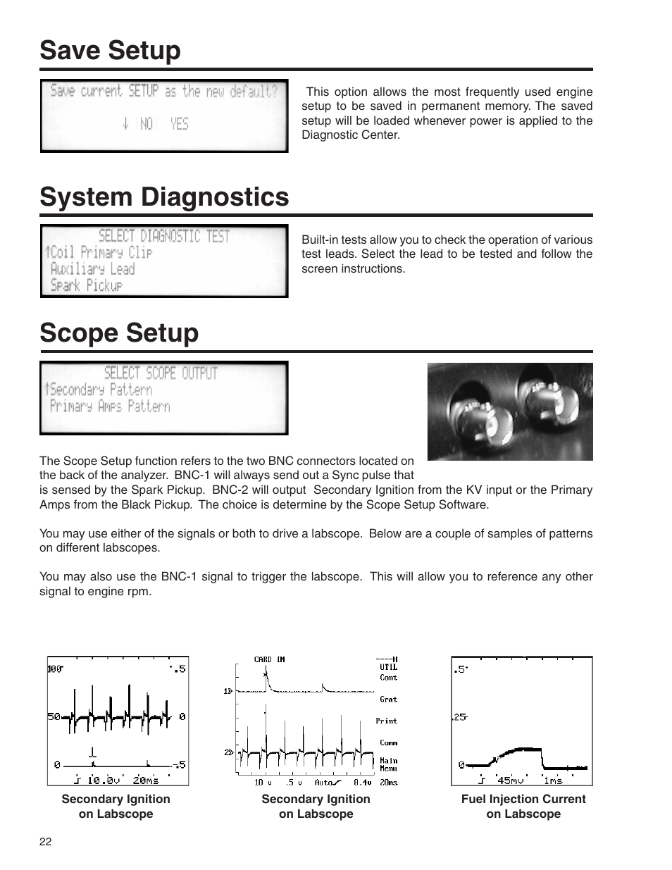 Save setup, System diagnostics, Scope setup | GxT V055-01 Diagnostic Analyzer User Manual | Page 22 / 28