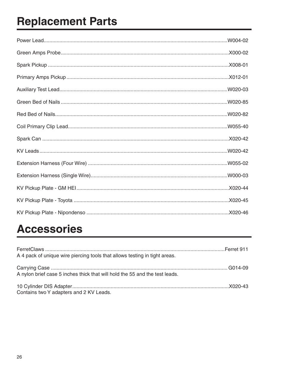 Replacement parts, Accessories | GxT V055-01 Diagnostic Analyzer User Manual | Page 26 / 28