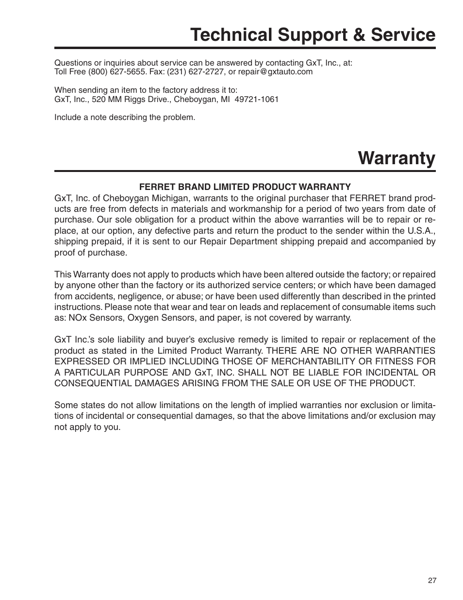 Technical support & service warranty | GxT V055-01 Diagnostic Analyzer User Manual | Page 27 / 28