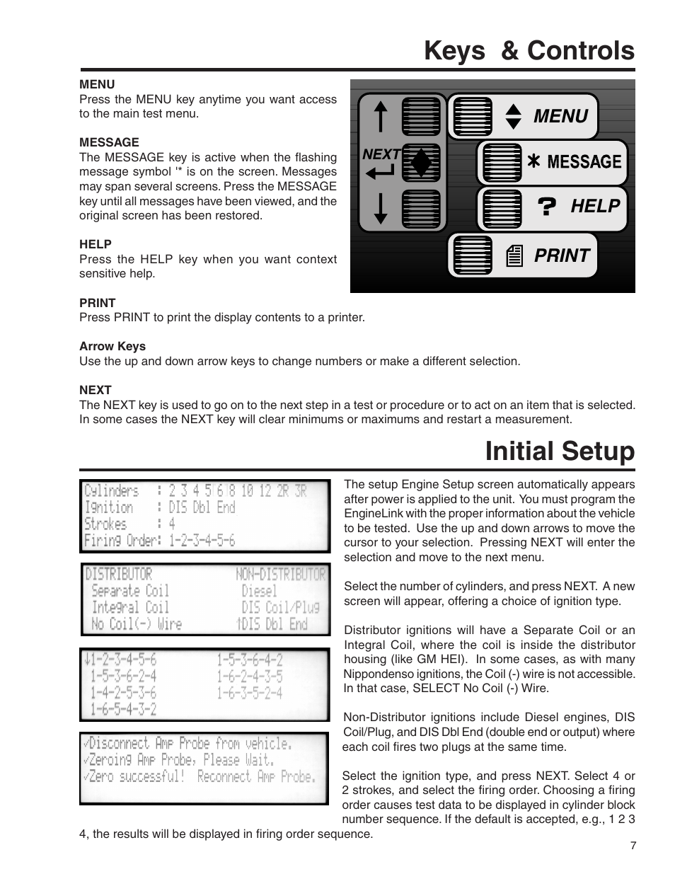 Ignitionlink lt, Engine analyzer, Keys & controls | Initial setup | GxT V055-01 Diagnostic Analyzer User Manual | Page 7 / 28