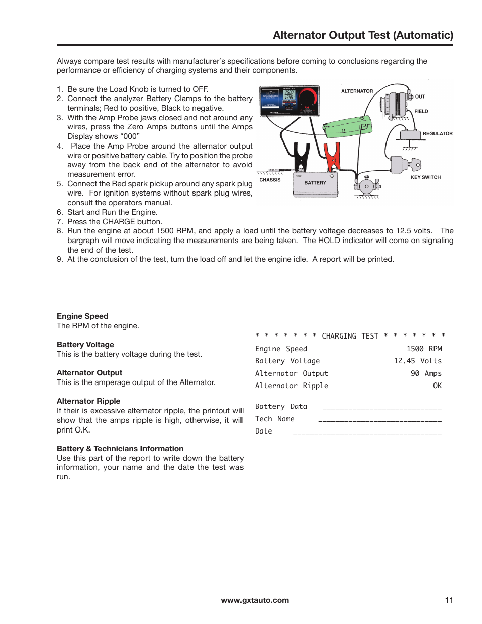 Alternator output test (automatic) | GxT V044-01, Ferret 44 Battery Tester with Printer Manual User Manual | Page 11 / 12