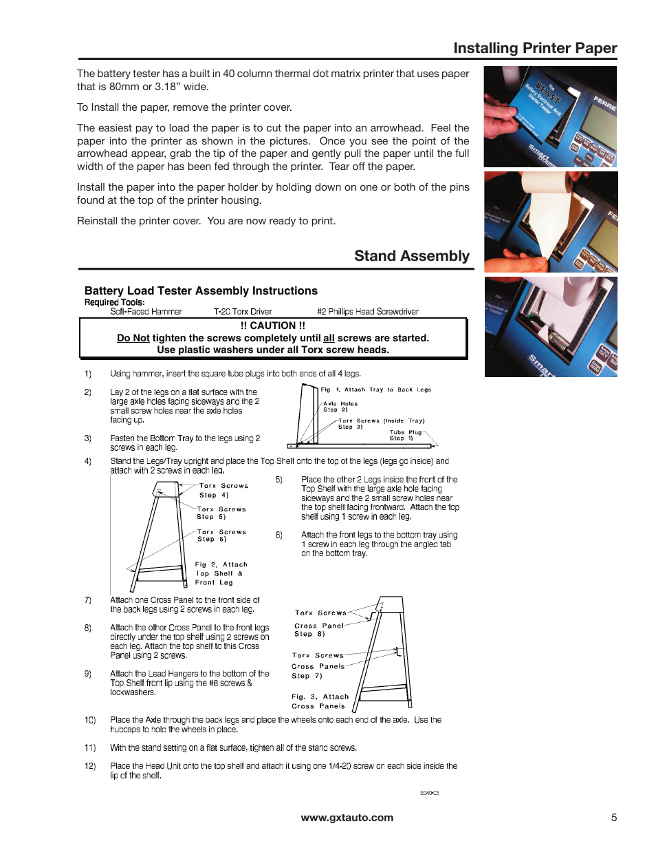 Installing printer paper, Stand assembly | GxT V044-01, Ferret 44 Battery Tester with Printer Manual User Manual | Page 5 / 12