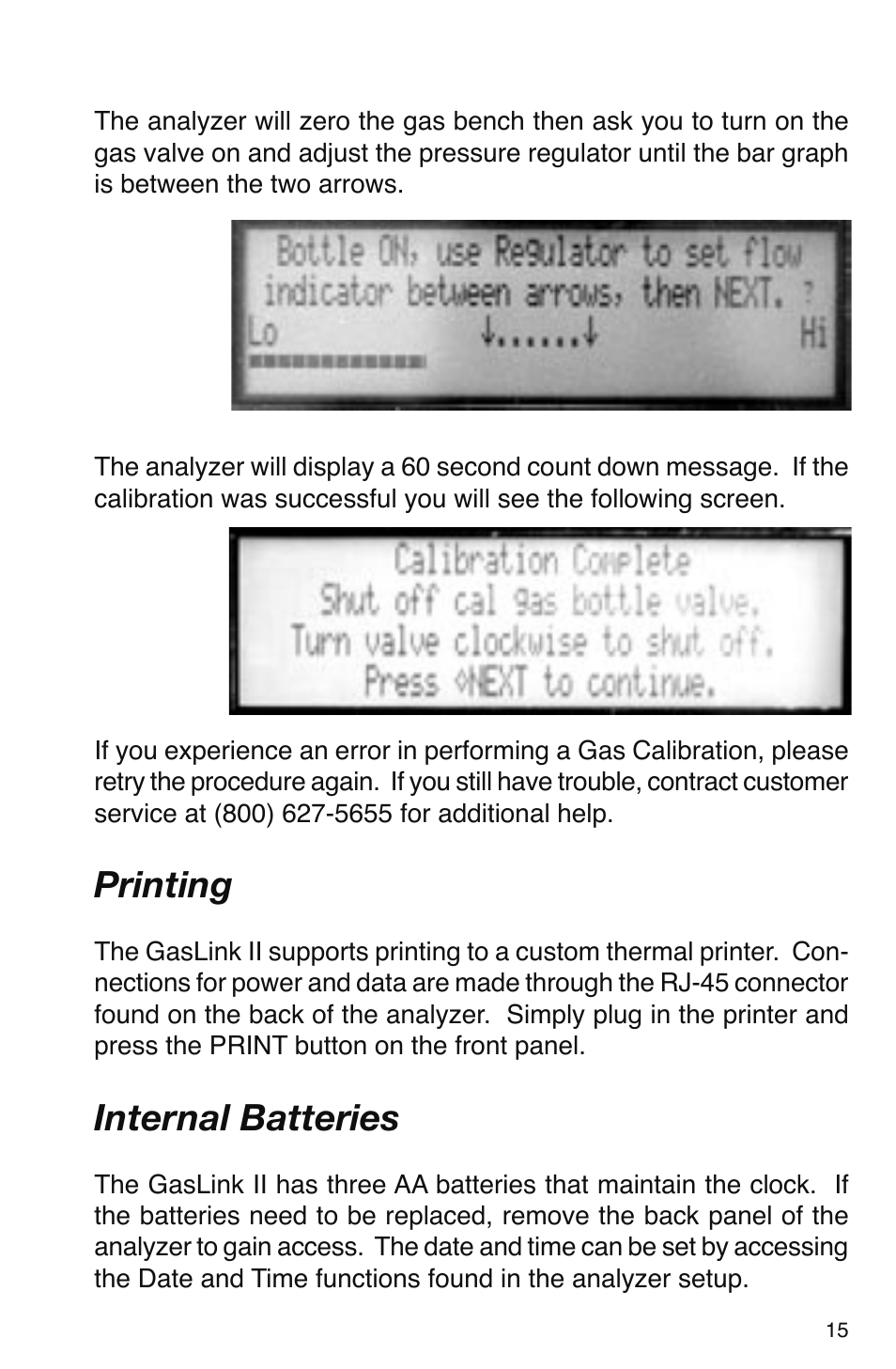 Printing, Internal batteries | GxT V016-01, Ferret 16 GasLink II 5-Gas Analyzer User Manual | Page 15 / 24