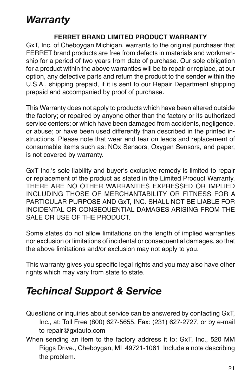 Warranty, Techincal support & service | GxT V016-01, Ferret 16 GasLink II 5-Gas Analyzer User Manual | Page 21 / 24