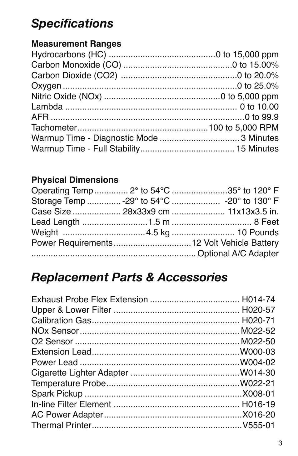 Speciﬁcations, Replacement parts & accessories | GxT V016-01, Ferret 16 GasLink II 5-Gas Analyzer User Manual | Page 3 / 24