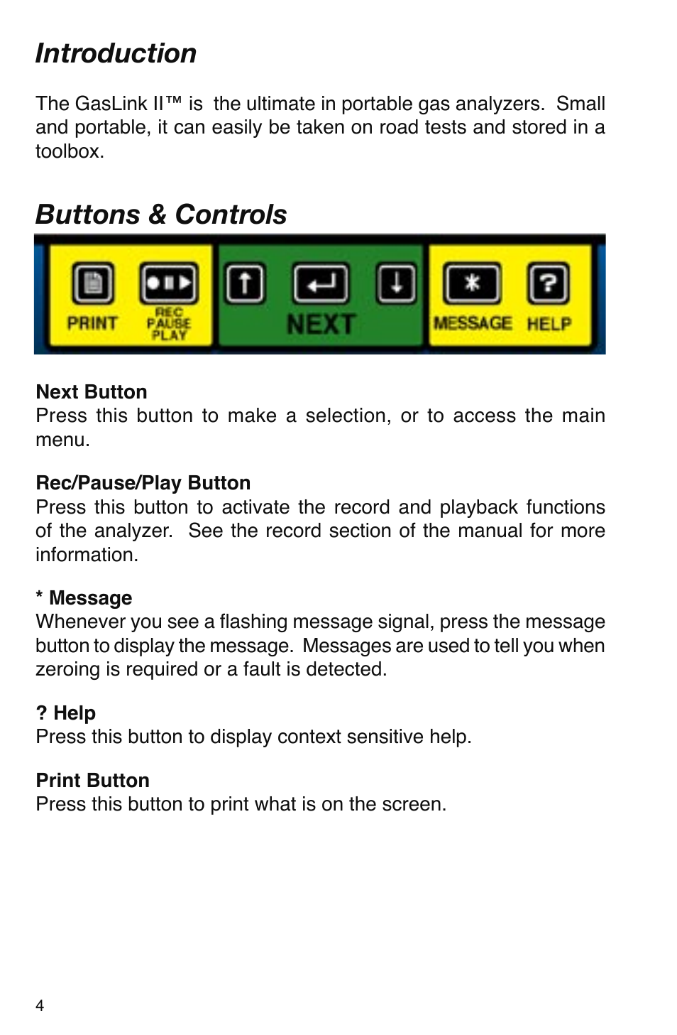 Introduction, Buttons & controls | GxT V016-01, Ferret 16 GasLink II 5-Gas Analyzer User Manual | Page 4 / 24