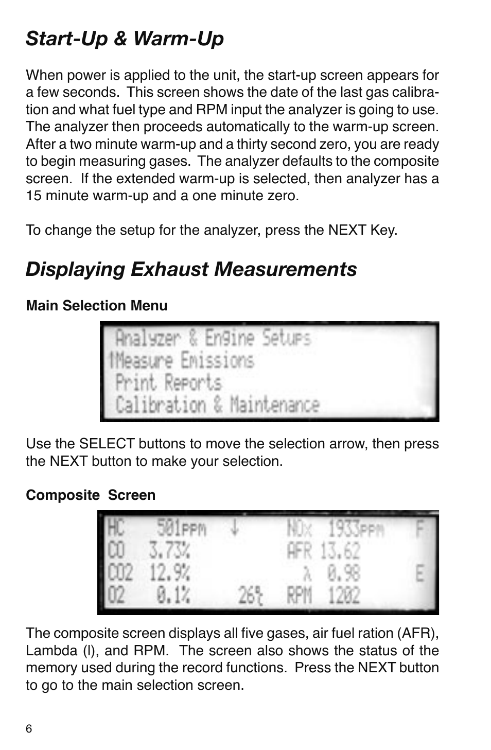 Start-up & warm-up, Displaying exhaust measurements | GxT V016-01, Ferret 16 GasLink II 5-Gas Analyzer User Manual | Page 6 / 24