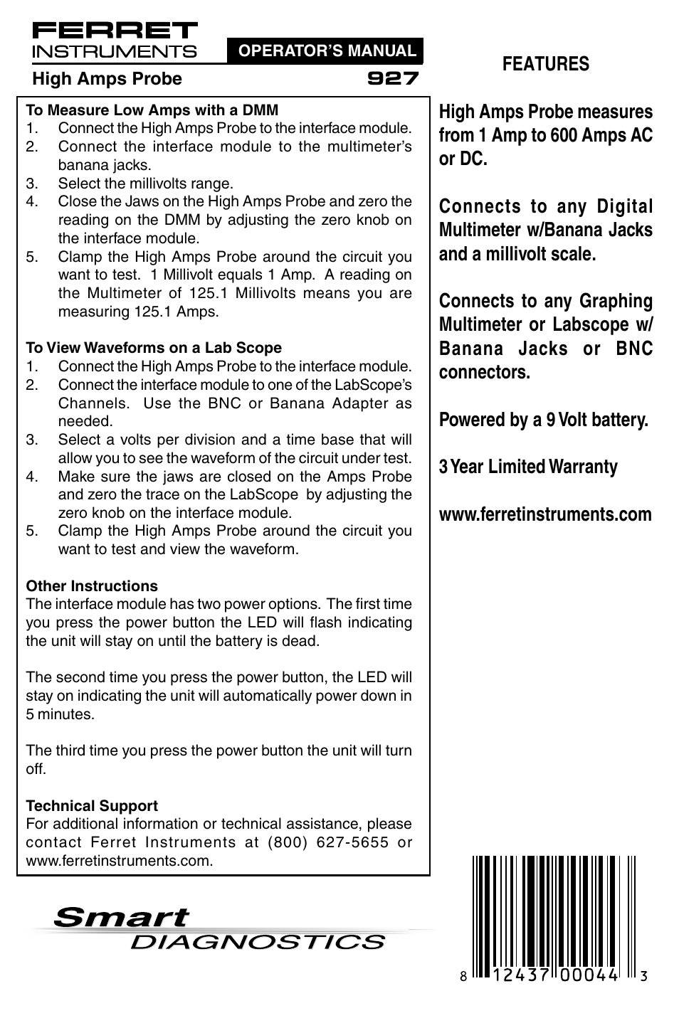 GxT Ferret 927 High Amps Probe User Manual | 2 pages