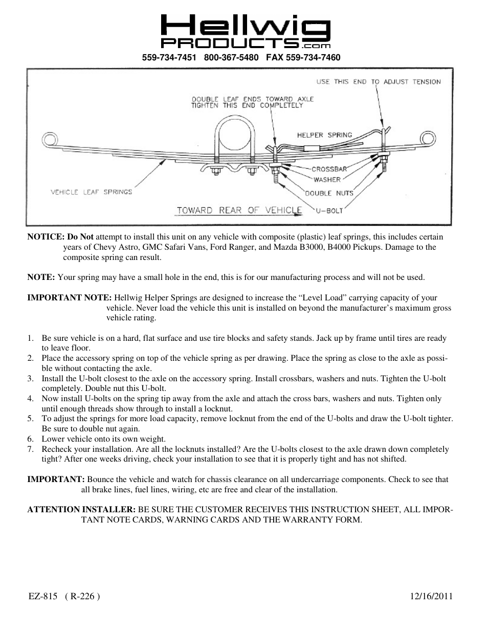 Hellwig Helper Spring 820 User Manual | 1 page
