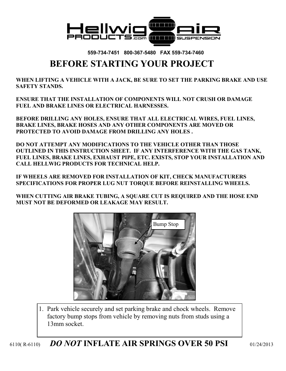 Before starting your project, Do not inflate air springs over 50 psi | Hellwig Air 6110 User Manual | Page 2 / 9
