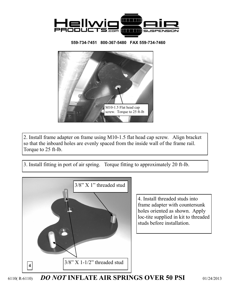 Do not inflate air springs over 50 psi | Hellwig Air 6110 User Manual | Page 3 / 9