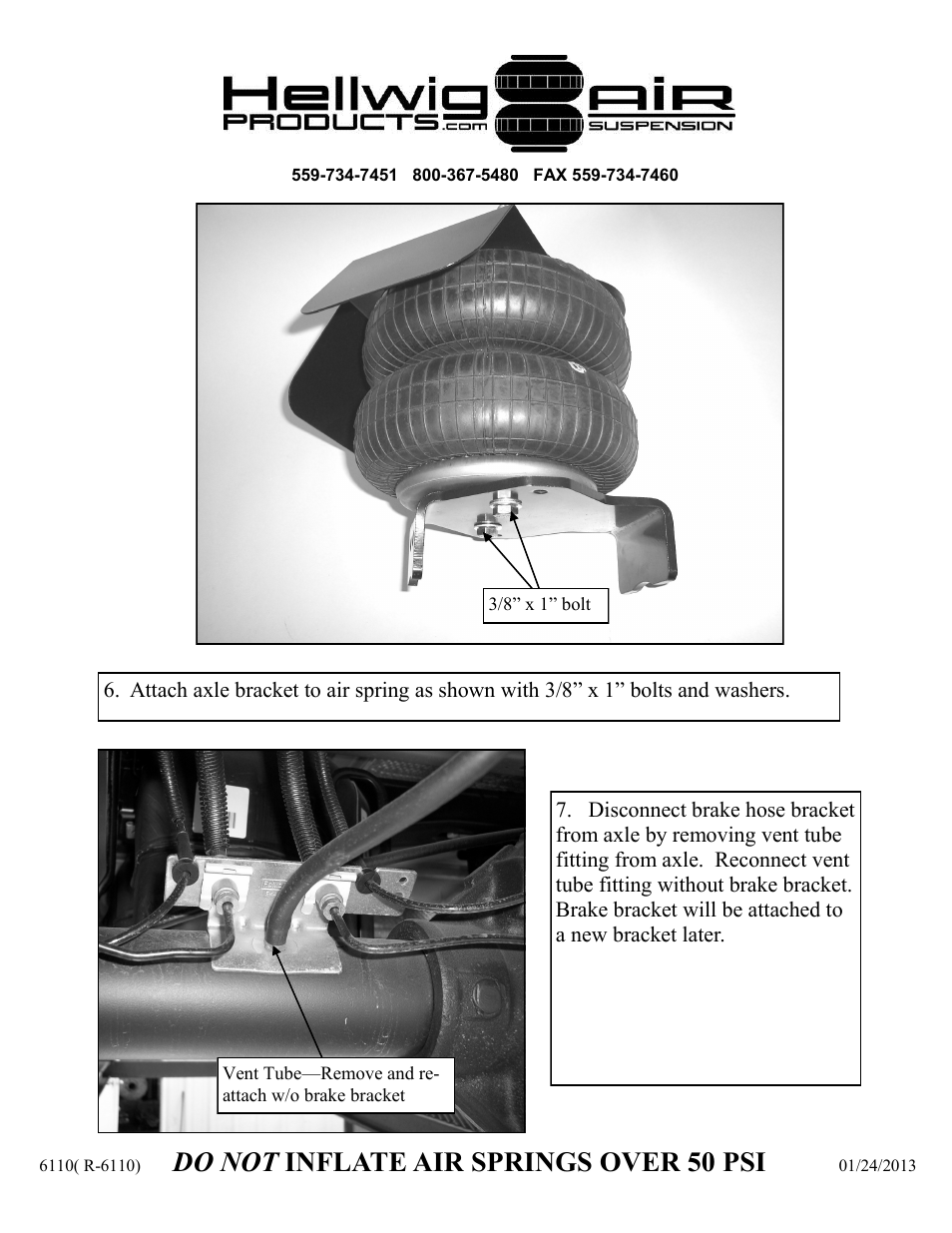 Do not inflate air springs over 50 psi | Hellwig Air 6110 User Manual | Page 5 / 9