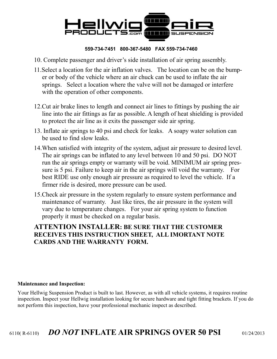Do not inflate air springs over 50 psi, Attention installer | Hellwig Air 6110 User Manual | Page 8 / 9