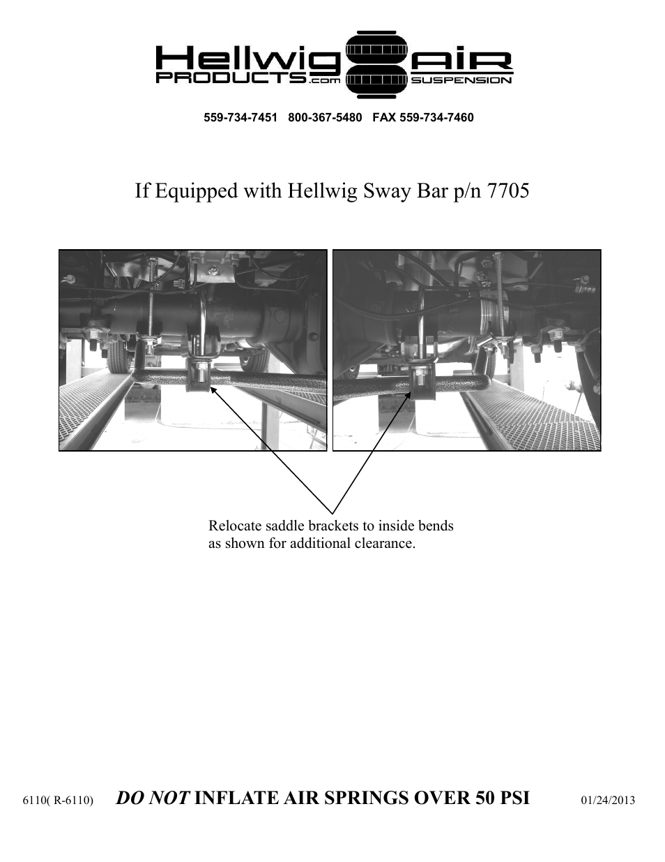 If equipped with hellwig sway bar p/n 7705, Do not inflate air springs over 50 psi | Hellwig Air 6110 User Manual | Page 9 / 9