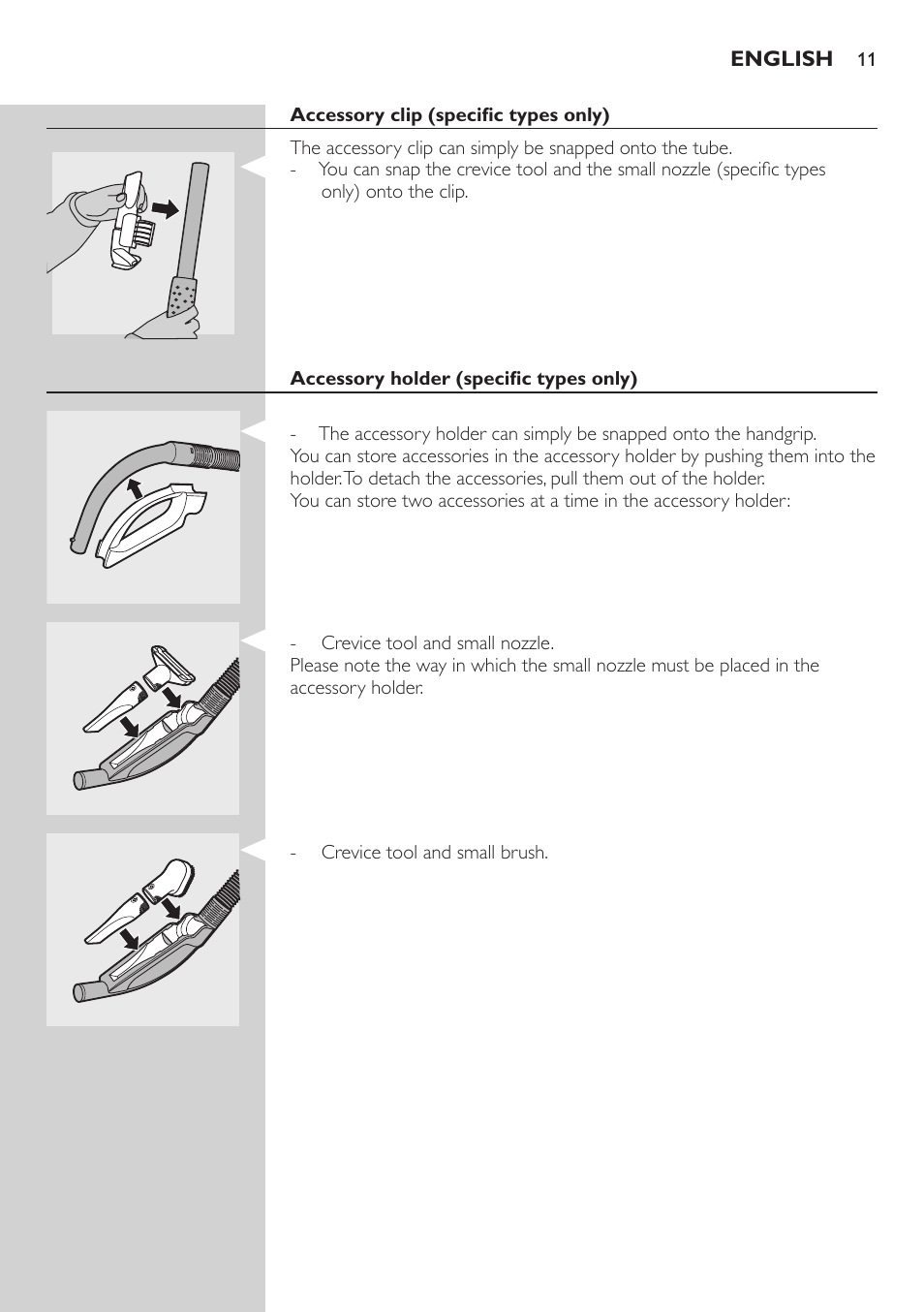 Accessory clip (specific types only), Accessory holder (specific types only) | Philips FC8734 User Manual | Page 11 / 280