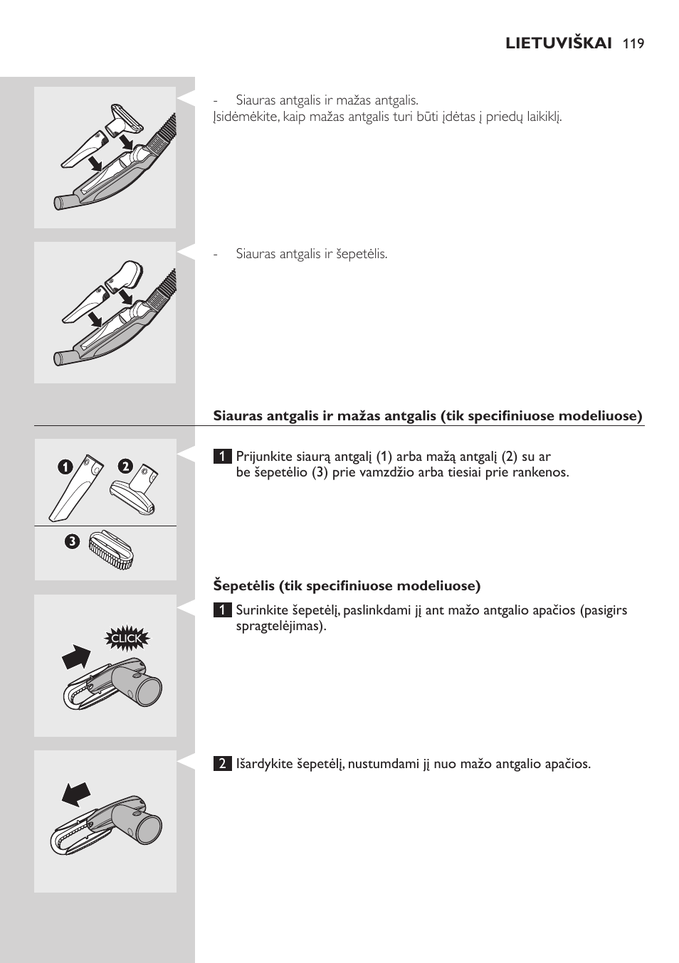 Priedų laikiklis (tik specifiniuose modeliuose), Priedų spaustukas (tik specifiniuose modeliuose) | Philips FC8734 User Manual | Page 119 / 280