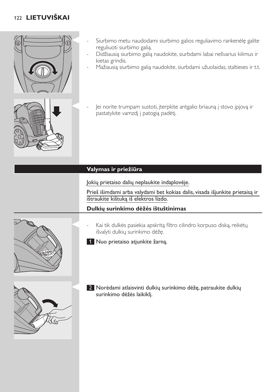 Prietaiso naudojimas | Philips FC8734 User Manual | Page 122 / 280