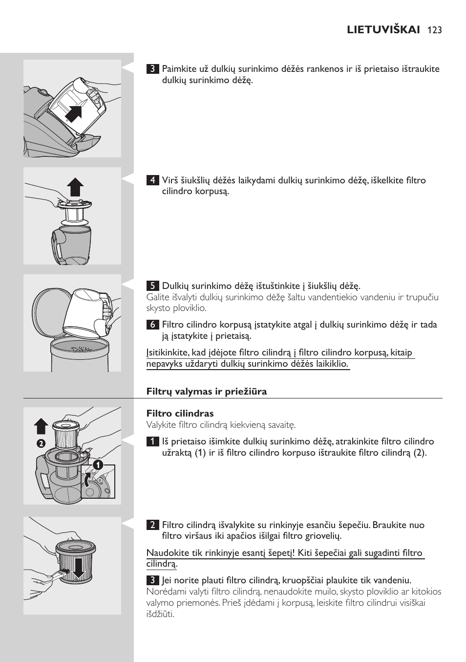 Valymas ir priežiūra, Dulkių surinkimo dėžės ištuštinimas | Philips FC8734 User Manual | Page 123 / 280