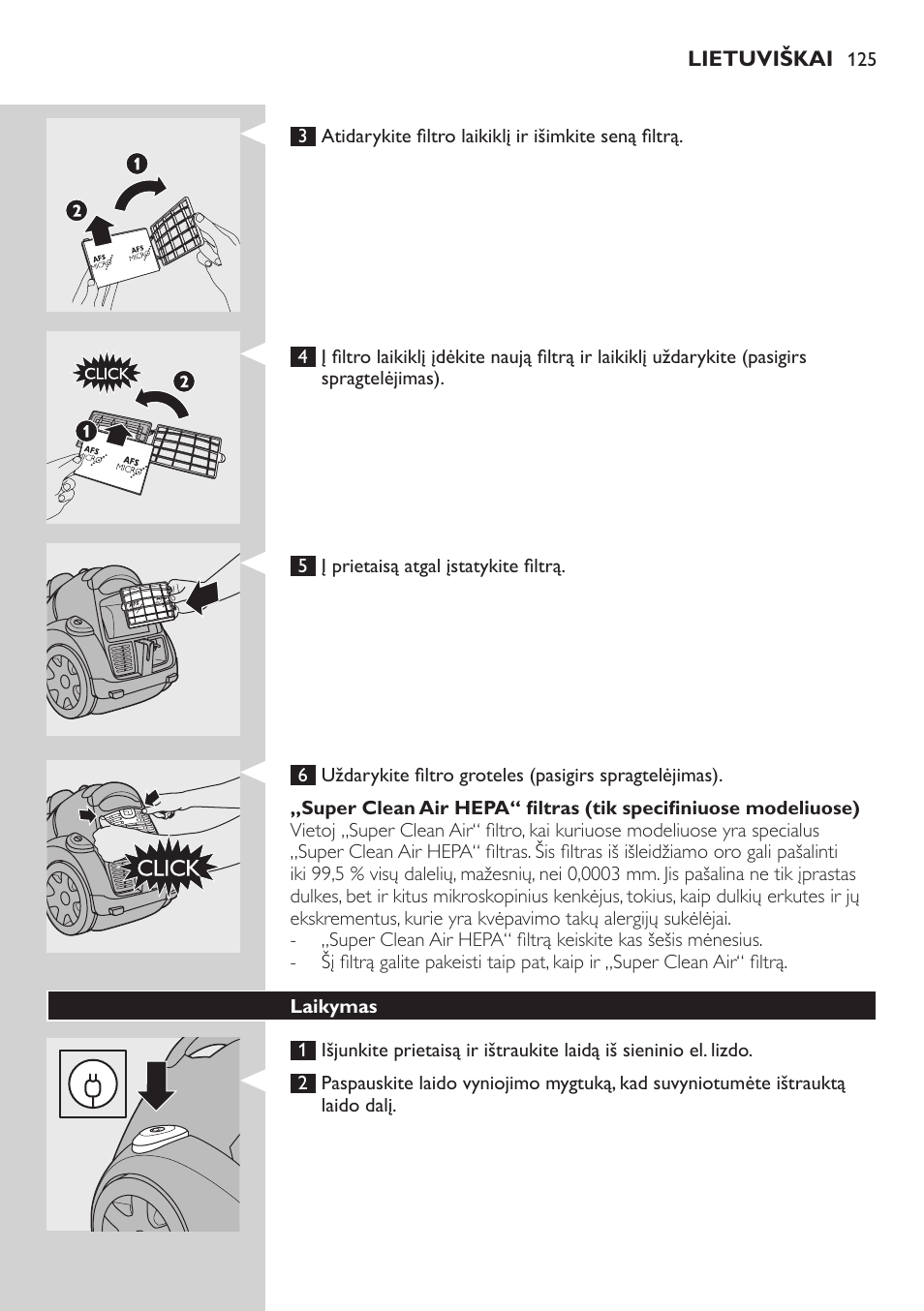 Filtro korpusas, Apsauginis variklio filtras | Philips FC8734 User Manual | Page 125 / 280