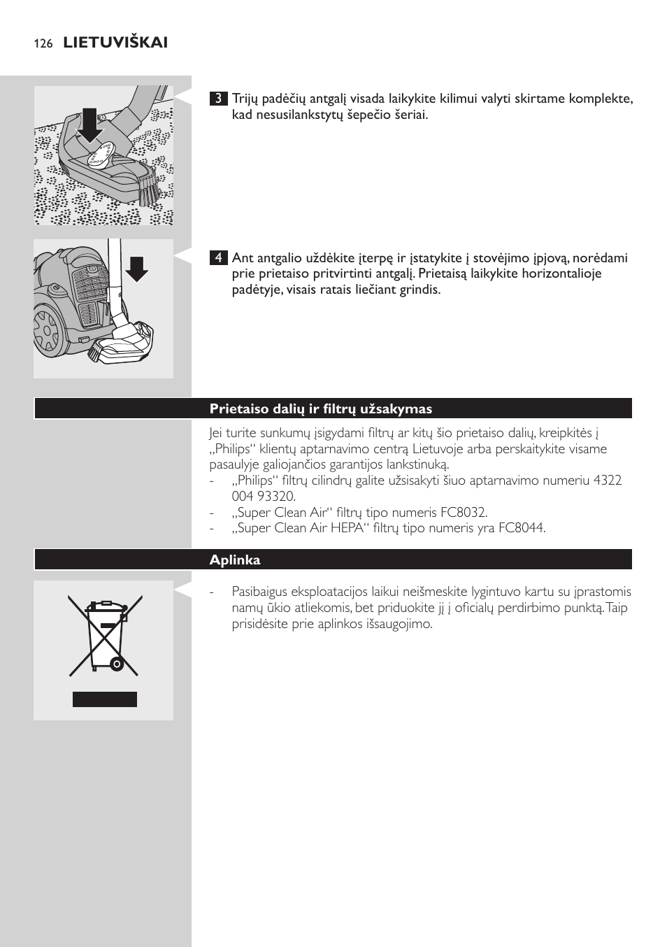 Laikymas | Philips FC8734 User Manual | Page 126 / 280