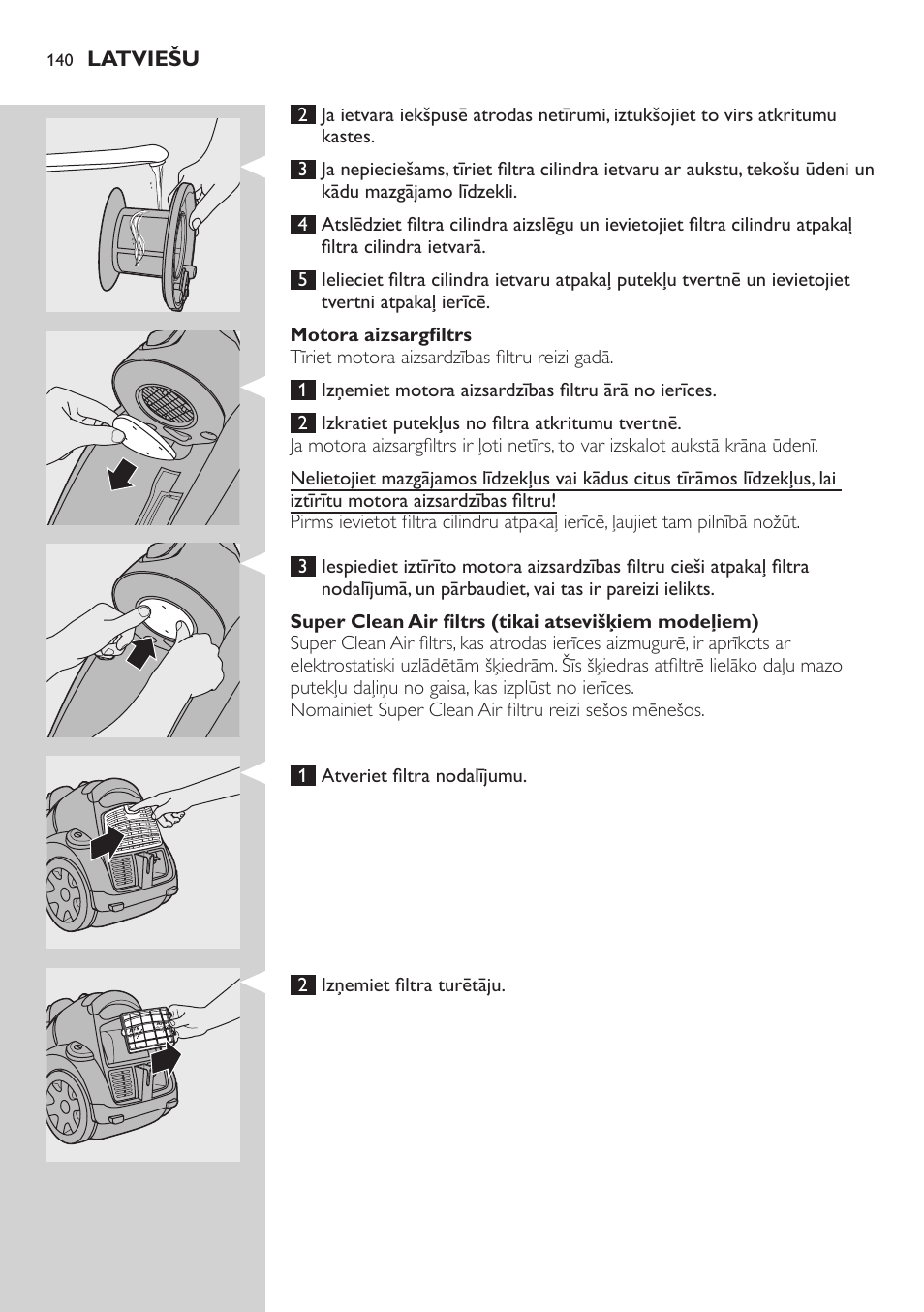 Filtru tīrīšana un apkope, Filtra cilindrs, Filtra ietvars | Philips FC8734 User Manual | Page 140 / 280