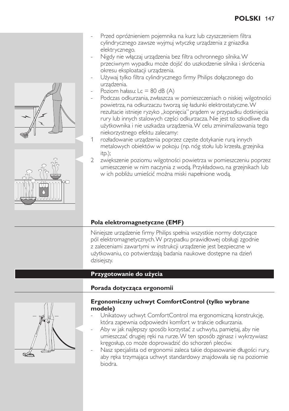 Pola elektromagnetyczne (emf), Przygotowanie do użycia, Porada dotycząca ergonomii | Philips FC8734 User Manual | Page 147 / 280