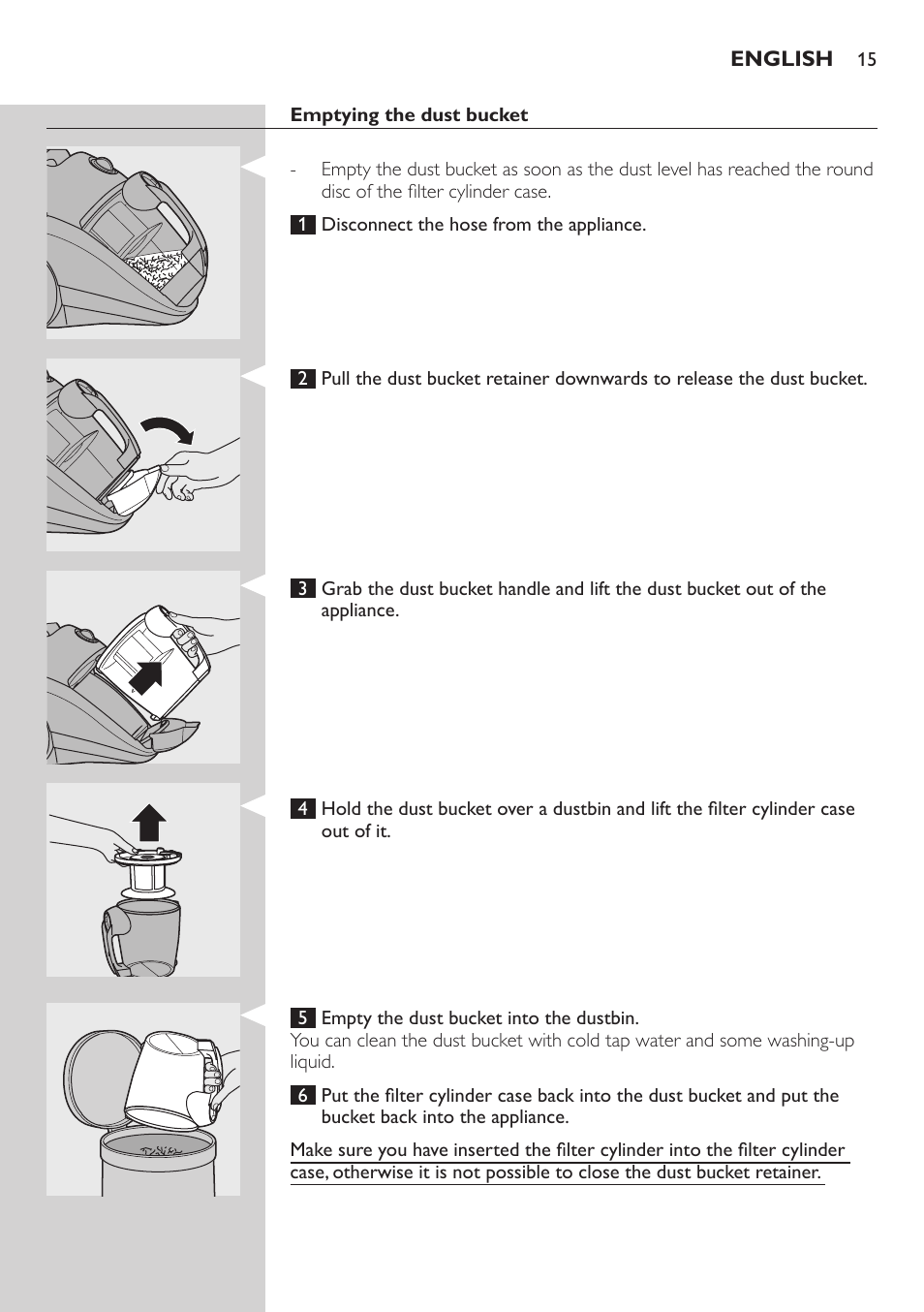 Emptying the dust bucket | Philips FC8734 User Manual | Page 15 / 280