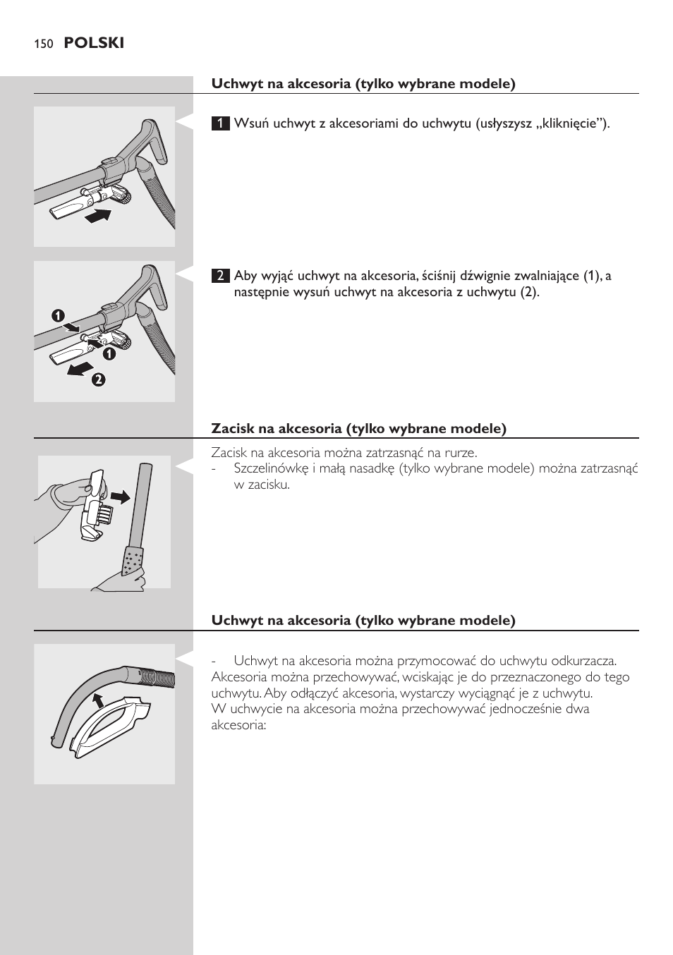 Uchwyt na akcesoria (tylko wybrane modele), Zacisk na akcesoria (tylko wybrane modele) | Philips FC8734 User Manual | Page 150 / 280