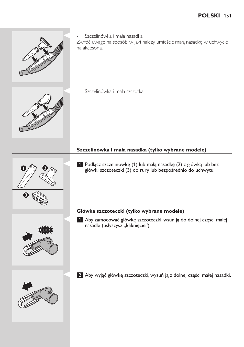 Szczelinówka i mała nasadka (tylko wybrane modele), Główka szczoteczki (tylko wybrane modele) | Philips FC8734 User Manual | Page 151 / 280