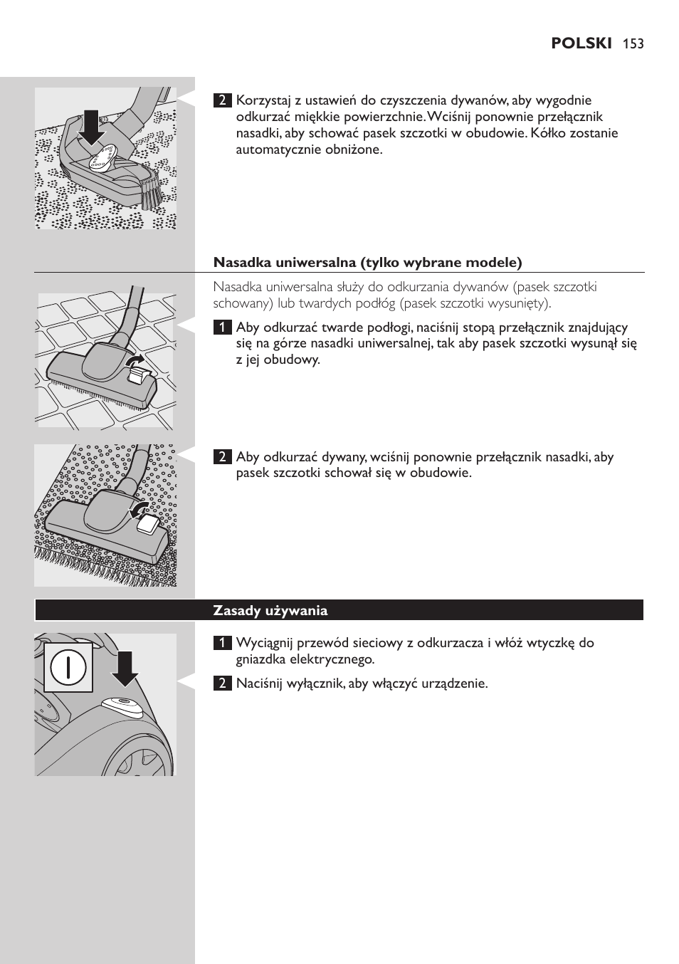 Nasadka uniwersalna (tylko wybrane modele), Zasady używania | Philips FC8734 User Manual | Page 153 / 280