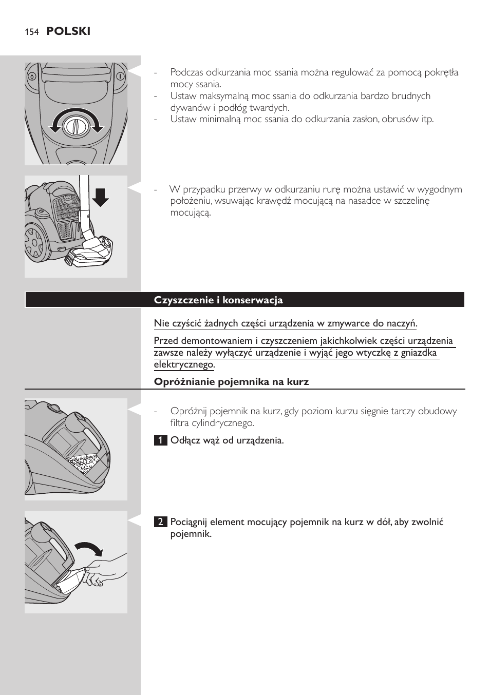 Czyszczenie i konserwacja, Opróżnianie pojemnika na kurz | Philips FC8734 User Manual | Page 154 / 280