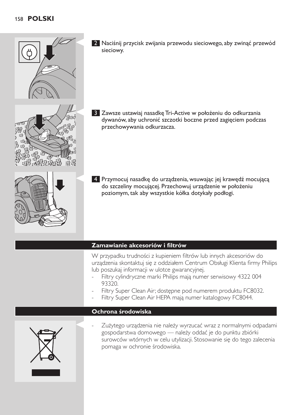 Zamawianie akcesoriów i filtrów, Ochrona środowiska | Philips FC8734 User Manual | Page 158 / 280