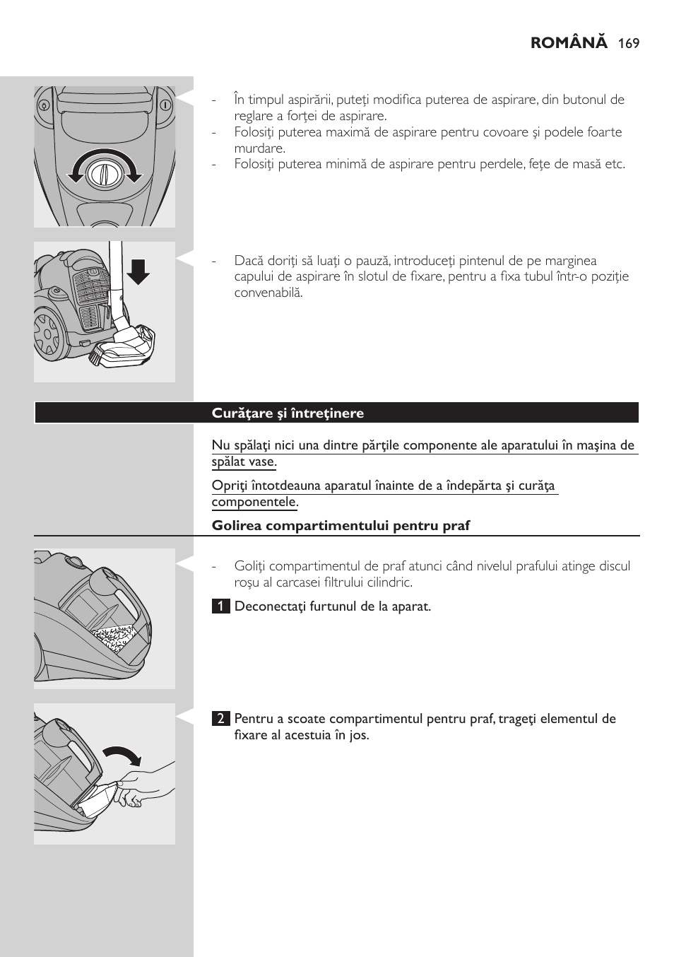 Curăţare şi întreţinere, Golirea compartimentului pentru praf | Philips FC8734 User Manual | Page 169 / 280