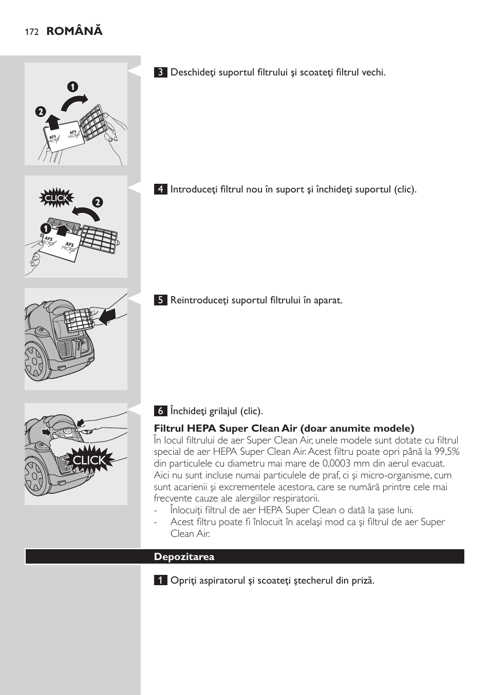 Filtrul hepa super clean air (doar anumite modele), Depozitarea | Philips FC8734 User Manual | Page 172 / 280