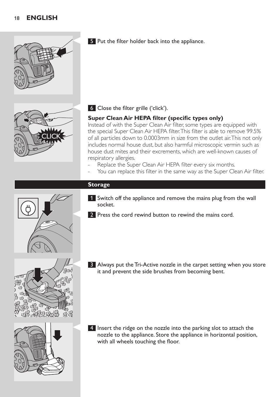 Super clean air hepa filter (specific types only), Storage | Philips FC8734 User Manual | Page 18 / 280