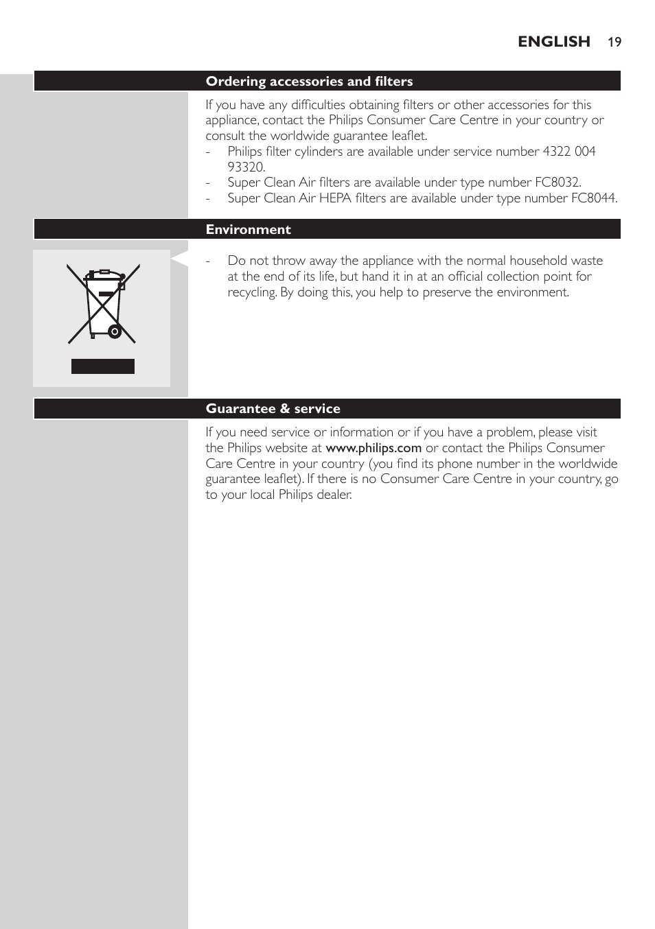 Ordering accessories and filters, Environment, Guarantee & service | Troubleshooting | Philips FC8734 User Manual | Page 19 / 280