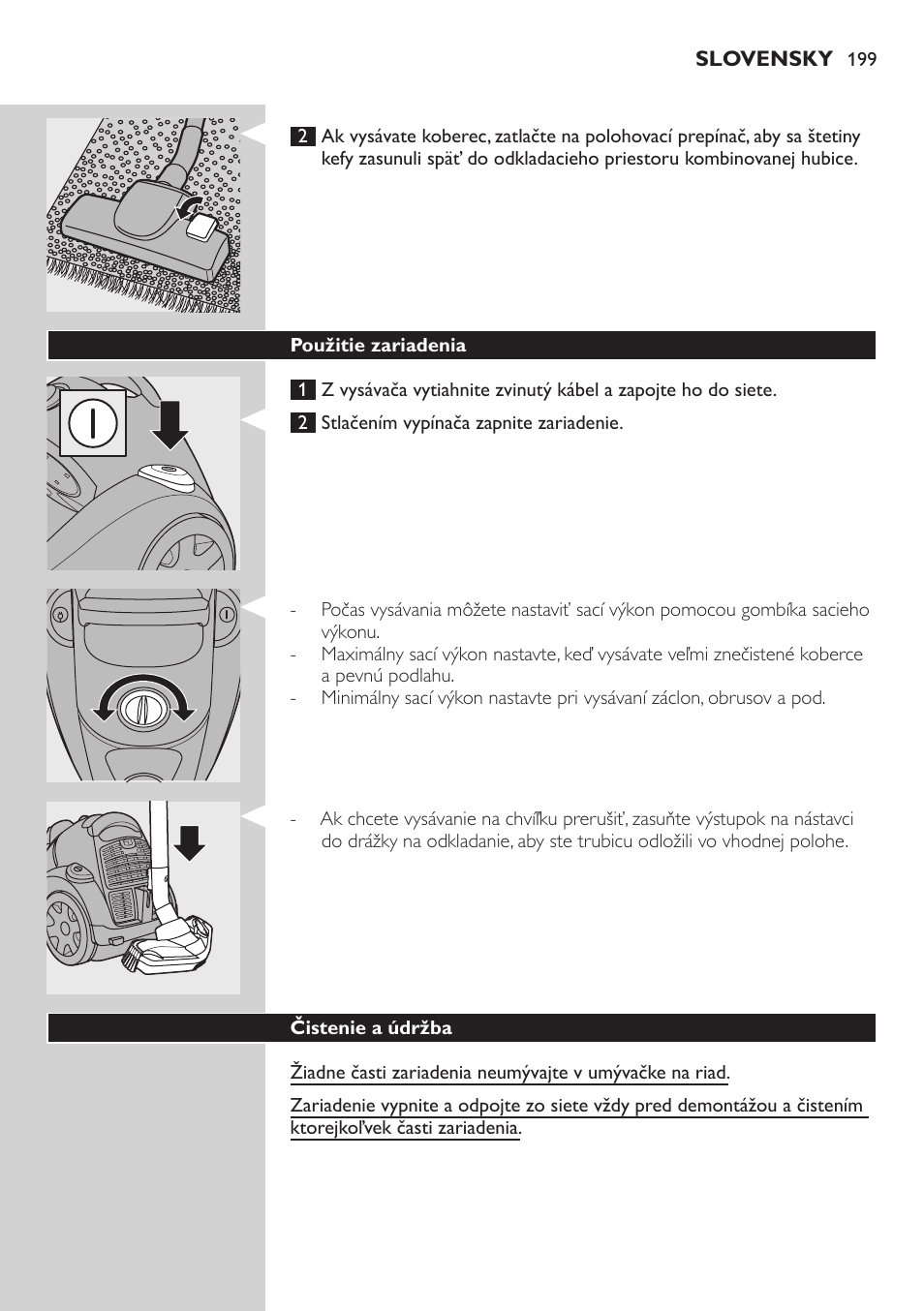 Použitie zariadenia, Čistenie a údržba | Philips FC8734 User Manual | Page 199 / 280